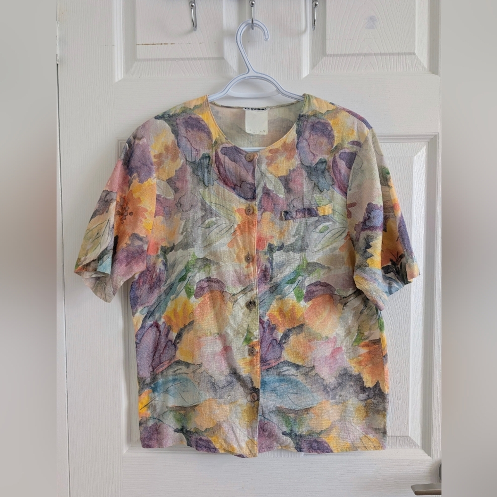 Vintage 80s Parabol Floral Watercolor Cotton Linen Shirt - Pit to Pit 19" - Rare